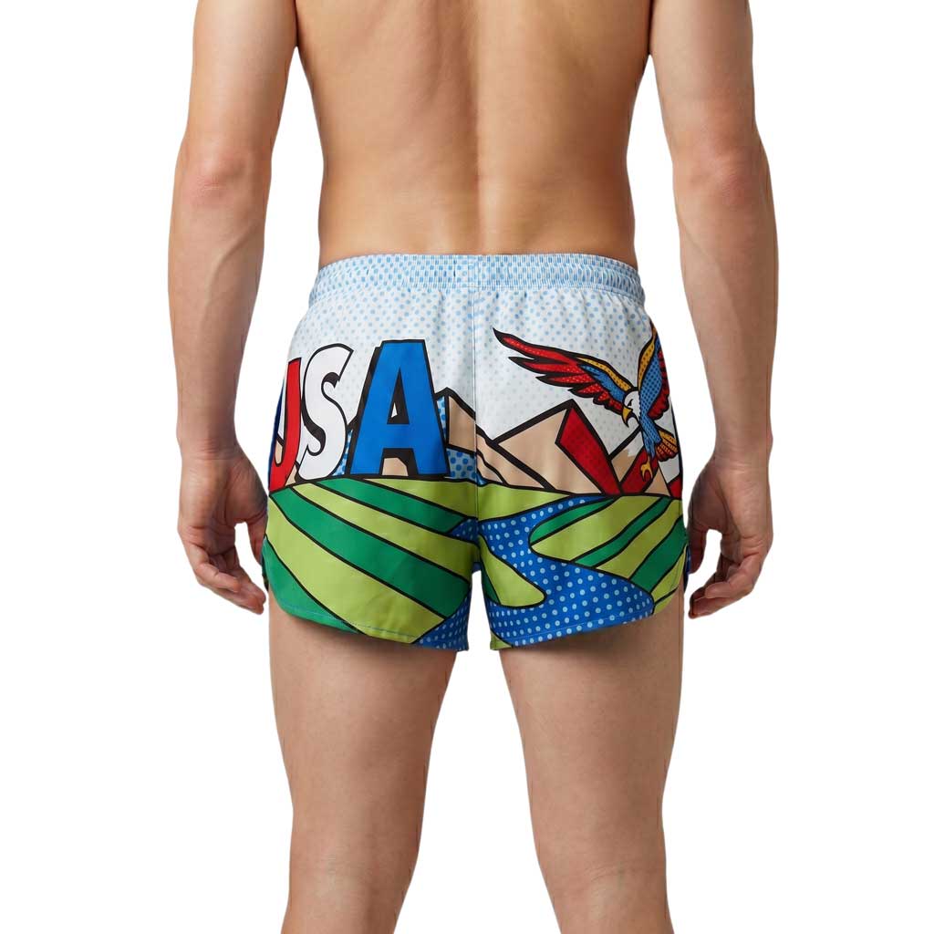 Men's Printed 3" Half Split Shorts in America 250 design, shown from the back, featuring a bold patriotic pop-art print with USA lettering, a bald eagle, mountains, green fields, and a blue river on a light blue polka-dot waistband.