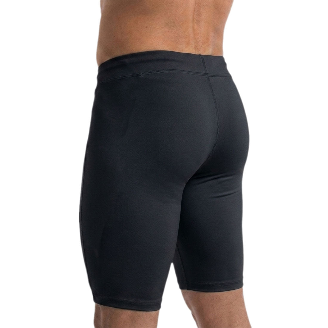 Men's BOA Constrictor Half Tight in Black shown from the back, featuring form-fitting compression fabric that extends to mid-thigh with a wide waistband