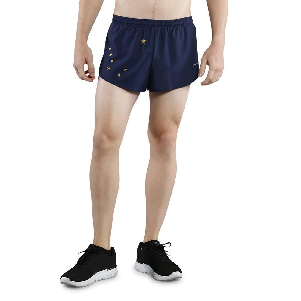 Men's Flag 1" Elite Split Shorts in navy blue featuring gold Alaska state flag star constellation design, worn by a male model with black sneakers.