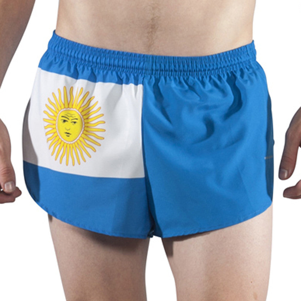 Men's Flag 1" Elite Split Shorts in Argentina flag design featuring light blue and white horizontal stripes with a golden Sun of May emblem on the front panel.