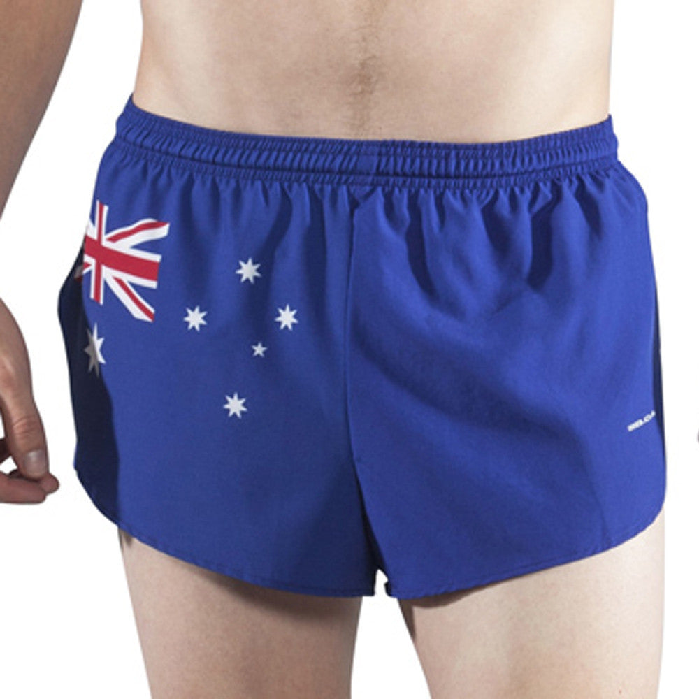 Men's Flag 1" Elite Split Shorts in royal blue featuring the Australian flag design with the Union Jack and Southern Cross stars printed across the front.