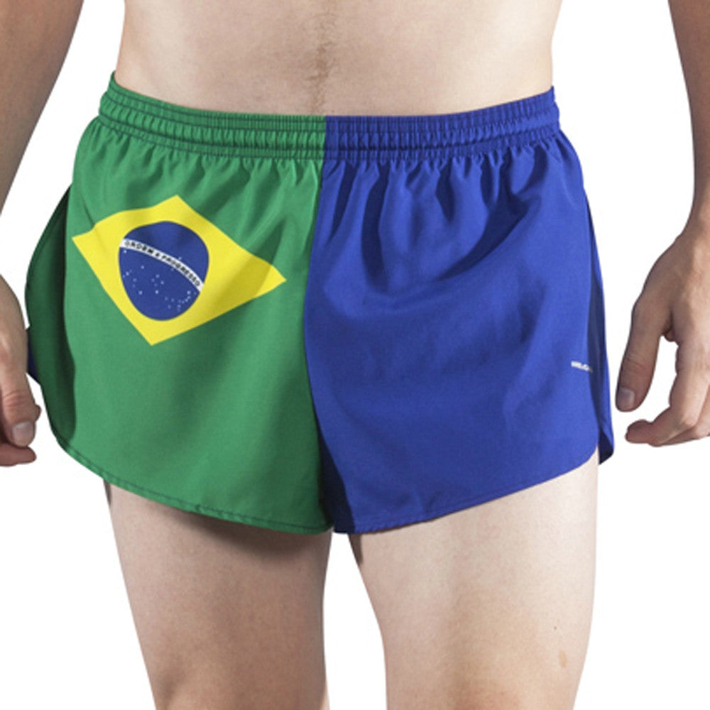 Men's Flag 1" Elite Split Shorts - Brazil, featuring a green left panel with the Brazilian flag design and a royal blue right panel, worn by a male model against a white background.