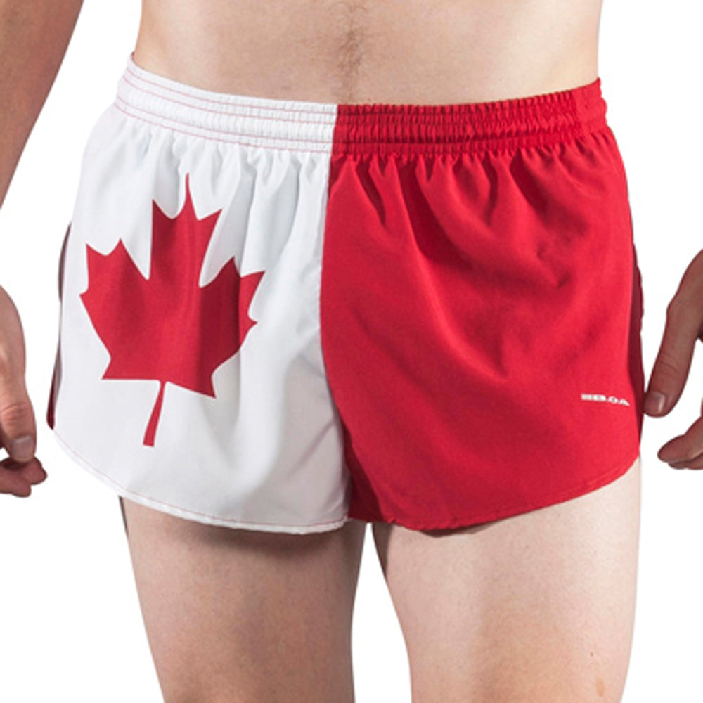 Men's Flag 1" Elite Split Shorts in red and white Canadian flag design featuring a bold red maple leaf on the left panel, worn by a male model.