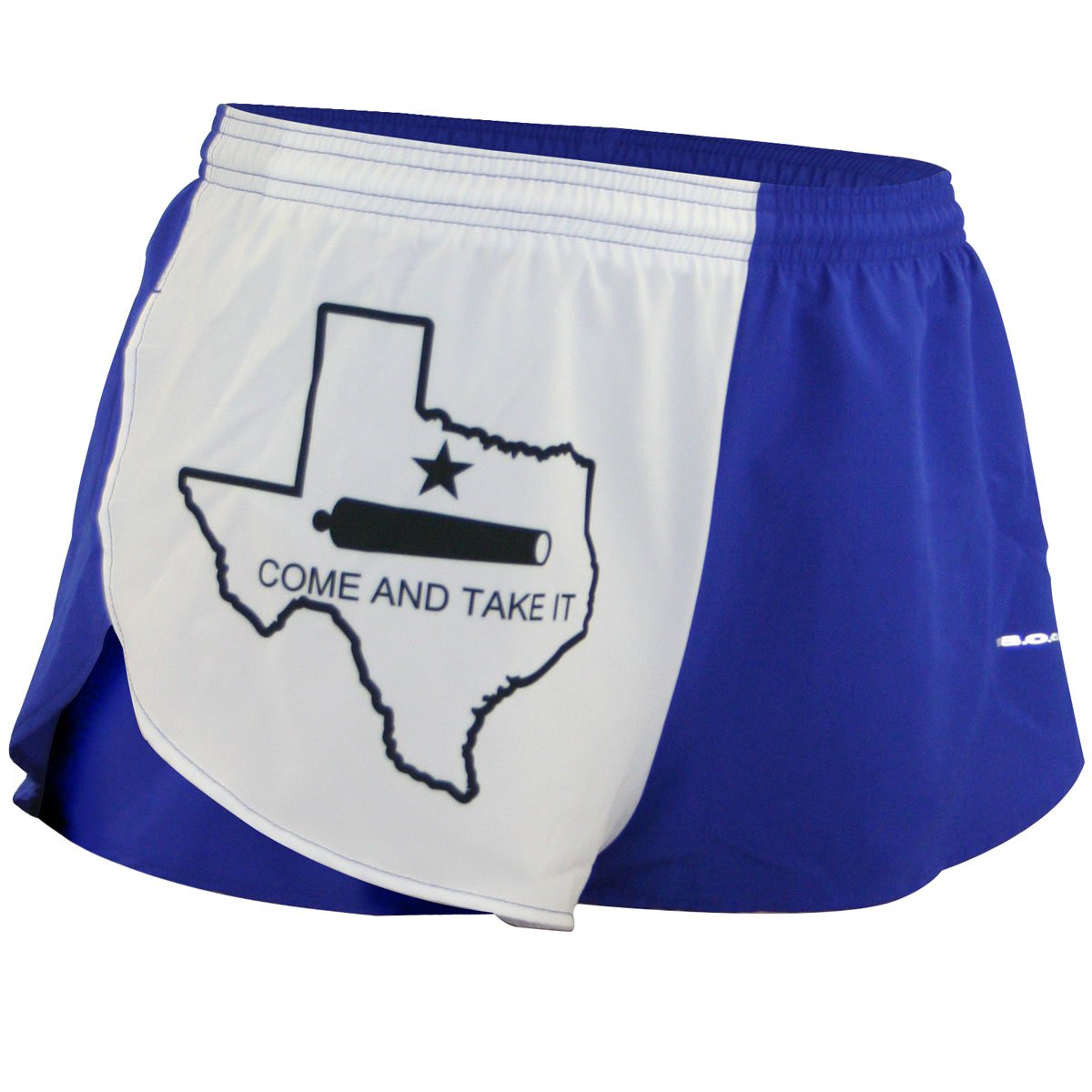Men's Flag 1" Elite Split Running Shorts in royal blue and white featuring a Texas state outline graphic with a cannon and "Come and Take It" text on the front panel.