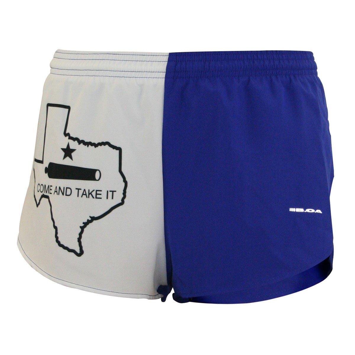 Men's Flag 1" Elite Split Shorts featuring a two-tone white and royal blue design with a black Texas state outline, star, cannon, and "Come and Take It" graphic on the white panel, by BOA.