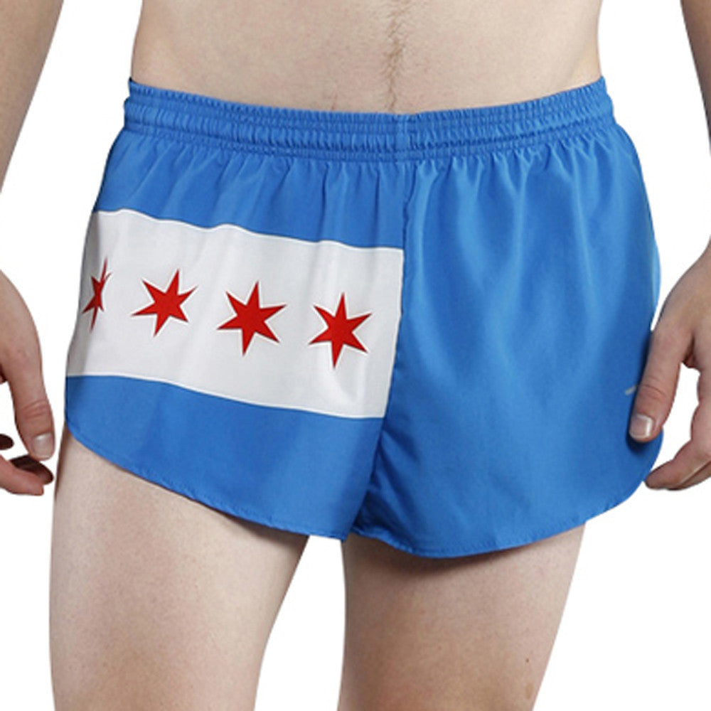 Men's Flag 1" Elite Split Shorts in Chicago design, featuring a bright blue fabric with a white horizontal stripe and four red six-pointed stars replicating the Chicago city flag.