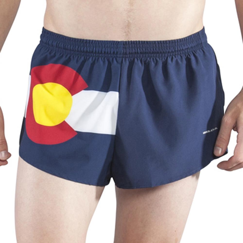Men's Flag 1" Elite Split Shorts in navy blue featuring the Colorado state flag design with a red and yellow C logo and white stripe on the front.