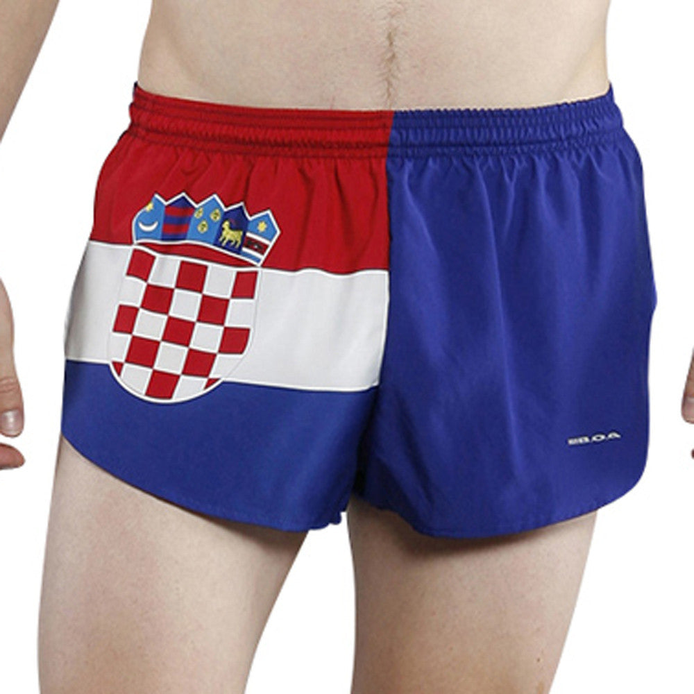 Men's Flag 1" Elite Split Shorts in Croatia design featuring the red, white, and blue Croatian flag with the iconic red-and-white checkerboard coat of arms printed across the front, modeled on a male figure.