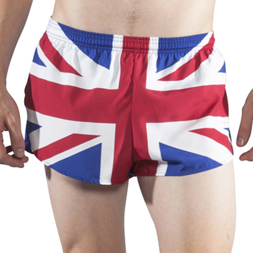Men's Flag 1" Elite Split Shorts in Great Britain Union Jack design, featuring red, white, and blue pattern with elastic waistband, shown on a male model.