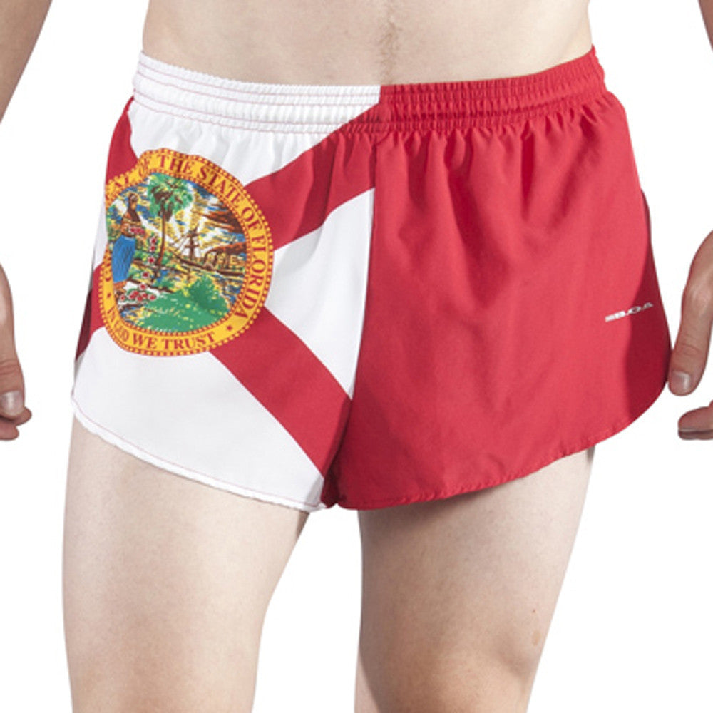 Men's Flag 1" Elite Split Running Shorts featuring the Florida state flag design with red and white diagonal stripes and the Great Seal of Florida on a white background with an elastic waistband.