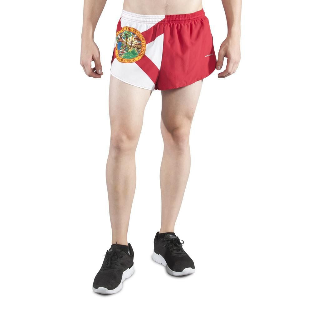 Men's Flag 1" Elite Split Shorts featuring the Florida state flag design with red, white, and the official state seal, modeled with black sneakers against a white background.