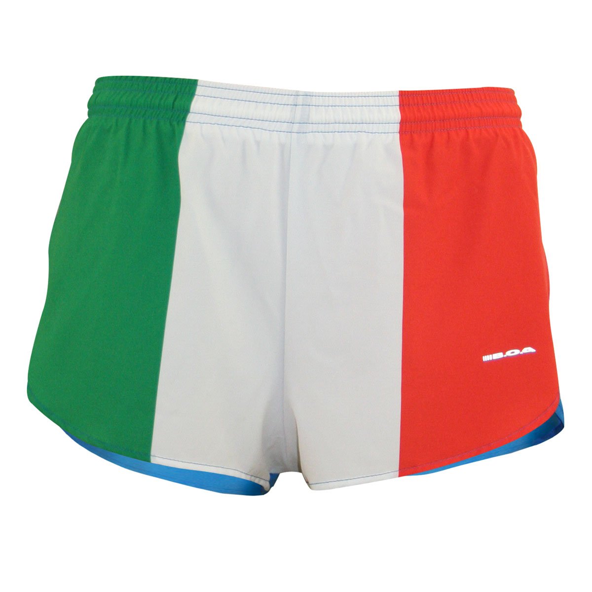 Men's Flag 1" Elite Split Shorts featuring the green, white, and red vertical stripes of the Italian flag with a light blue trim along the hem, by BOA.