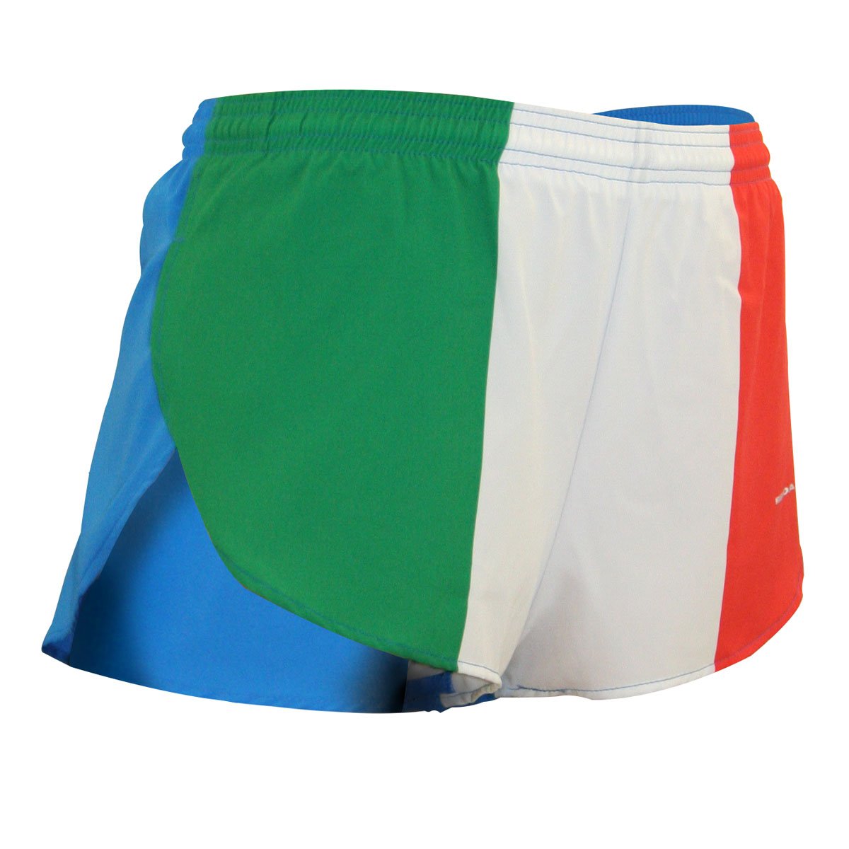 Men's Flag 1" Elite Split Running Shorts in Ireland flag design featuring vertical green, white, and orange stripes with a blue side panel and curved leg split.