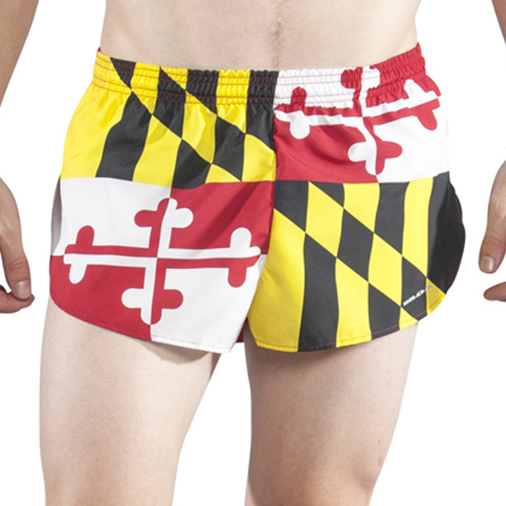 Men's Flag 1" Elite Split Shorts in Maryland state flag design featuring bold yellow, black, red, and white quadrant pattern with diagonal checkers and cross motif.