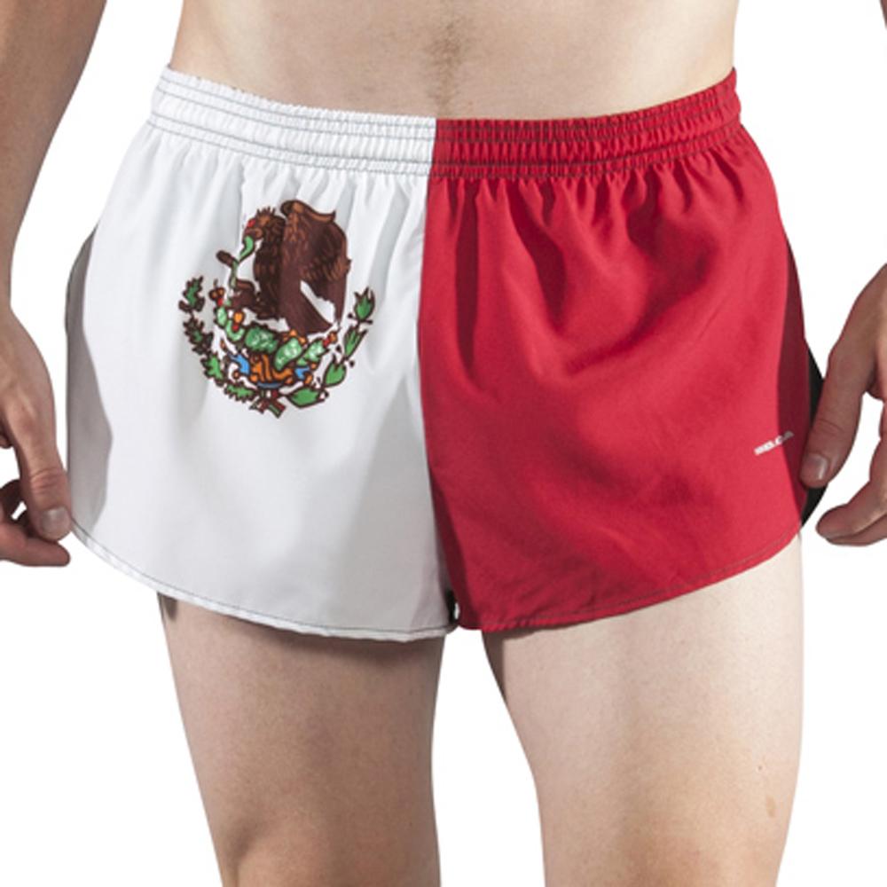 Men's Flag 1" Elite Split Shorts in Mexico design, featuring a white and red split pattern with the Mexican coat of arms emblem on the front, modeled by a male athlete.
