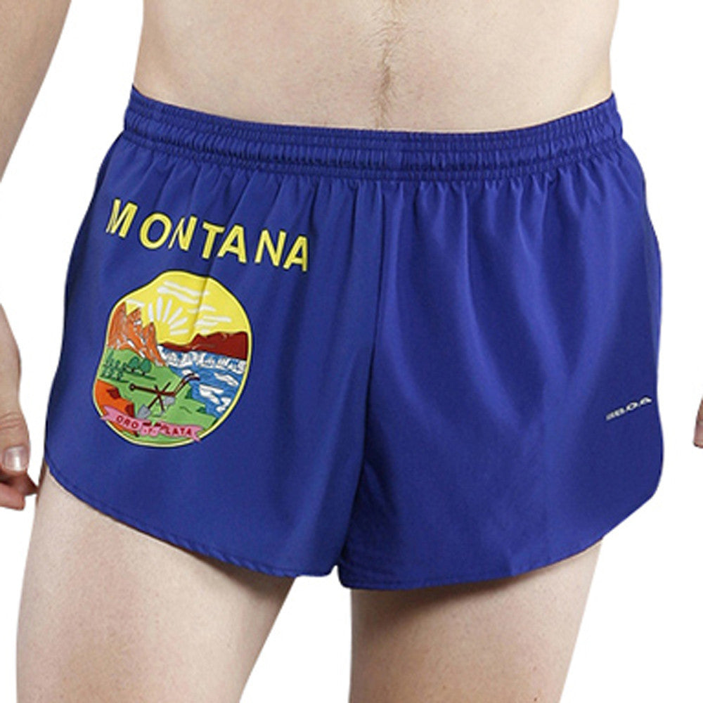 Men's Montana Flag 1" Elite Split Shorts in royal blue with yellow Montana text and the Montana state seal printed on the front.