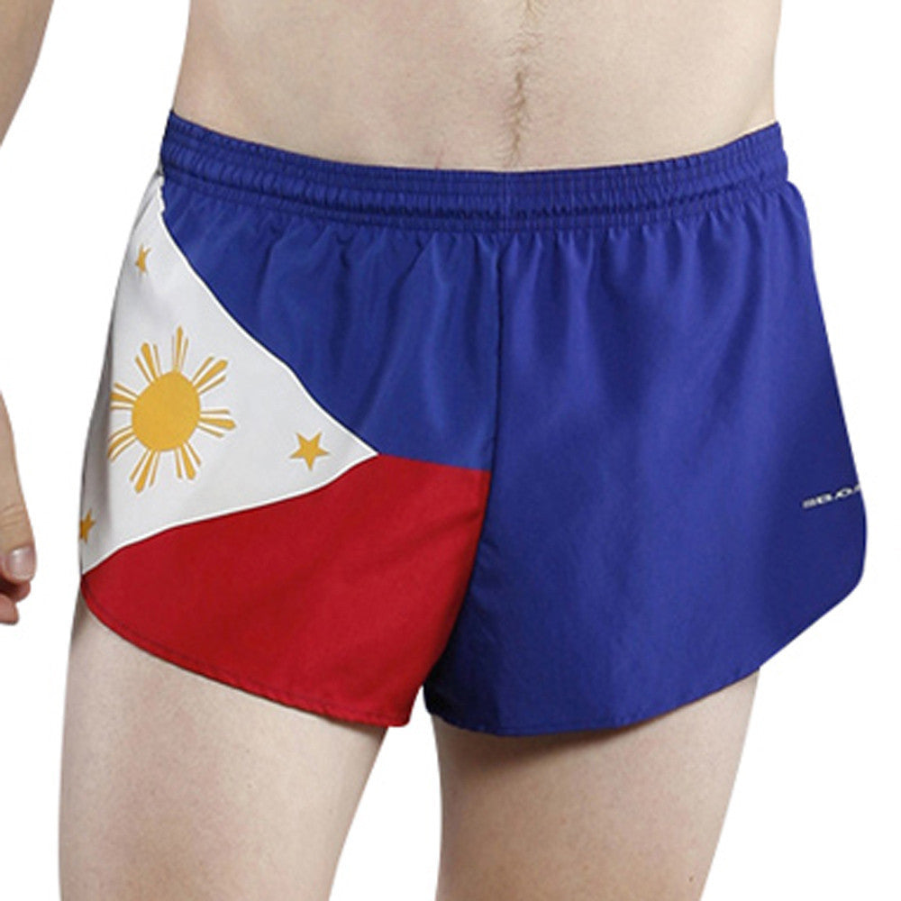 Men's Flag 1" Elite Split Shorts for Philippines, featuring a bold Philippine flag design with blue, red, white, a golden sun, and three stars on lightweight athletic running shorts with an elastic waistband.