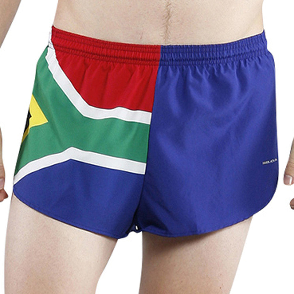 Men's Flag 1" Elite Split Running Shorts featuring the South Africa flag design with bold red, green, blue, yellow, and white colors on a lightweight athletic split-hem style.