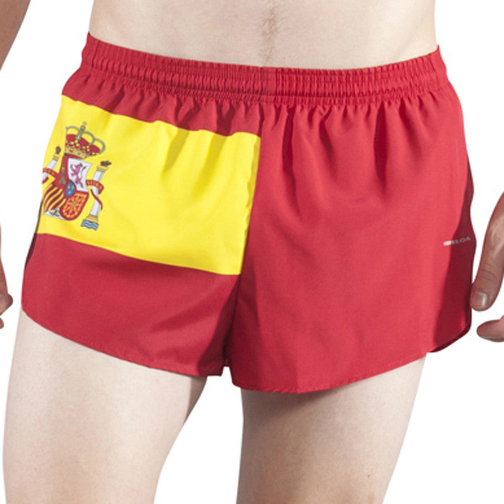 Men's Flag 1" Elite Split Shorts in Spain design, featuring bold red fabric with the Spanish flag printed on the front left panel, modeled from the waist down.