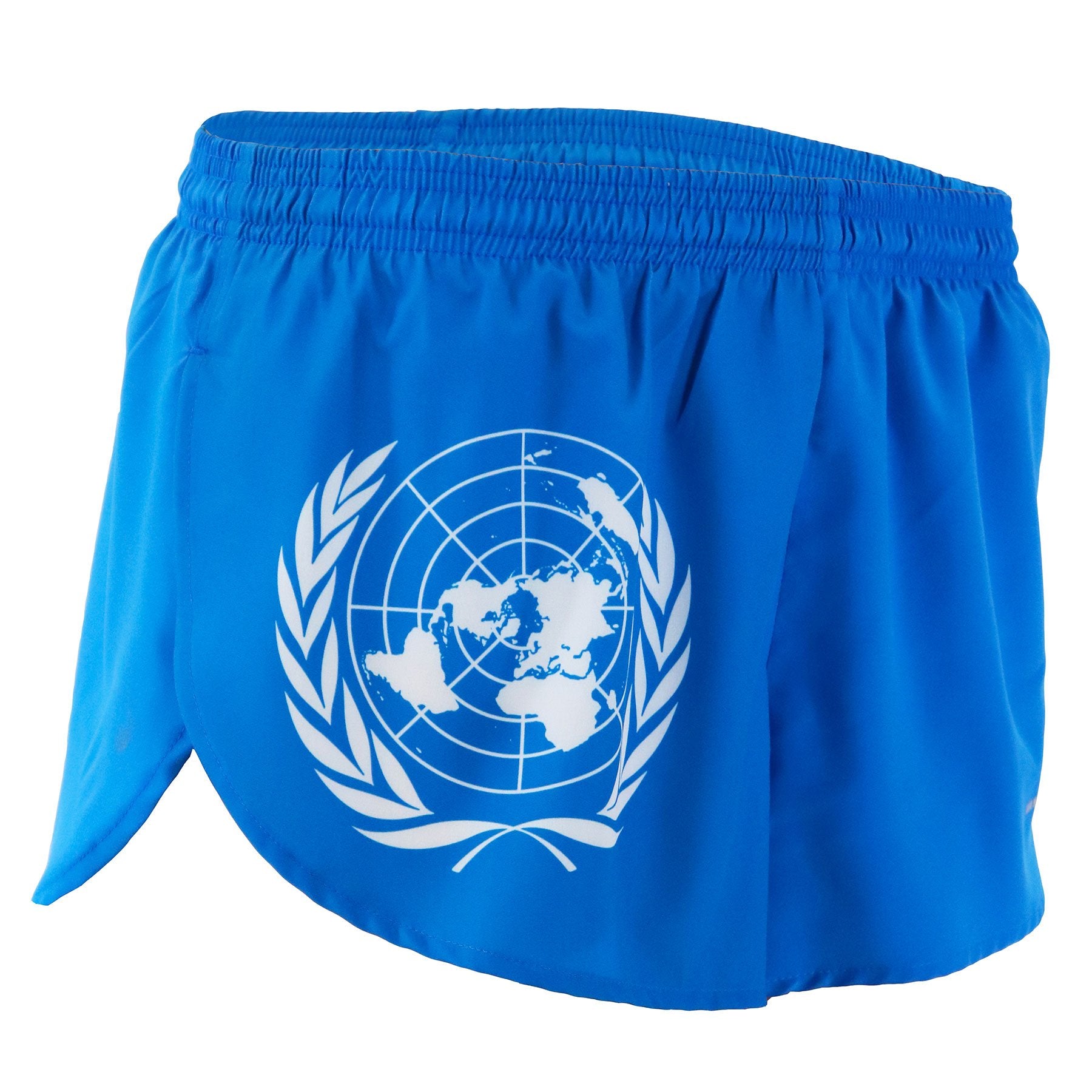 Men's Flag 1" Elite Split Running Shorts in bright UN blue featuring the white United Nations emblem — a world map surrounded by olive branches — printed on the front.