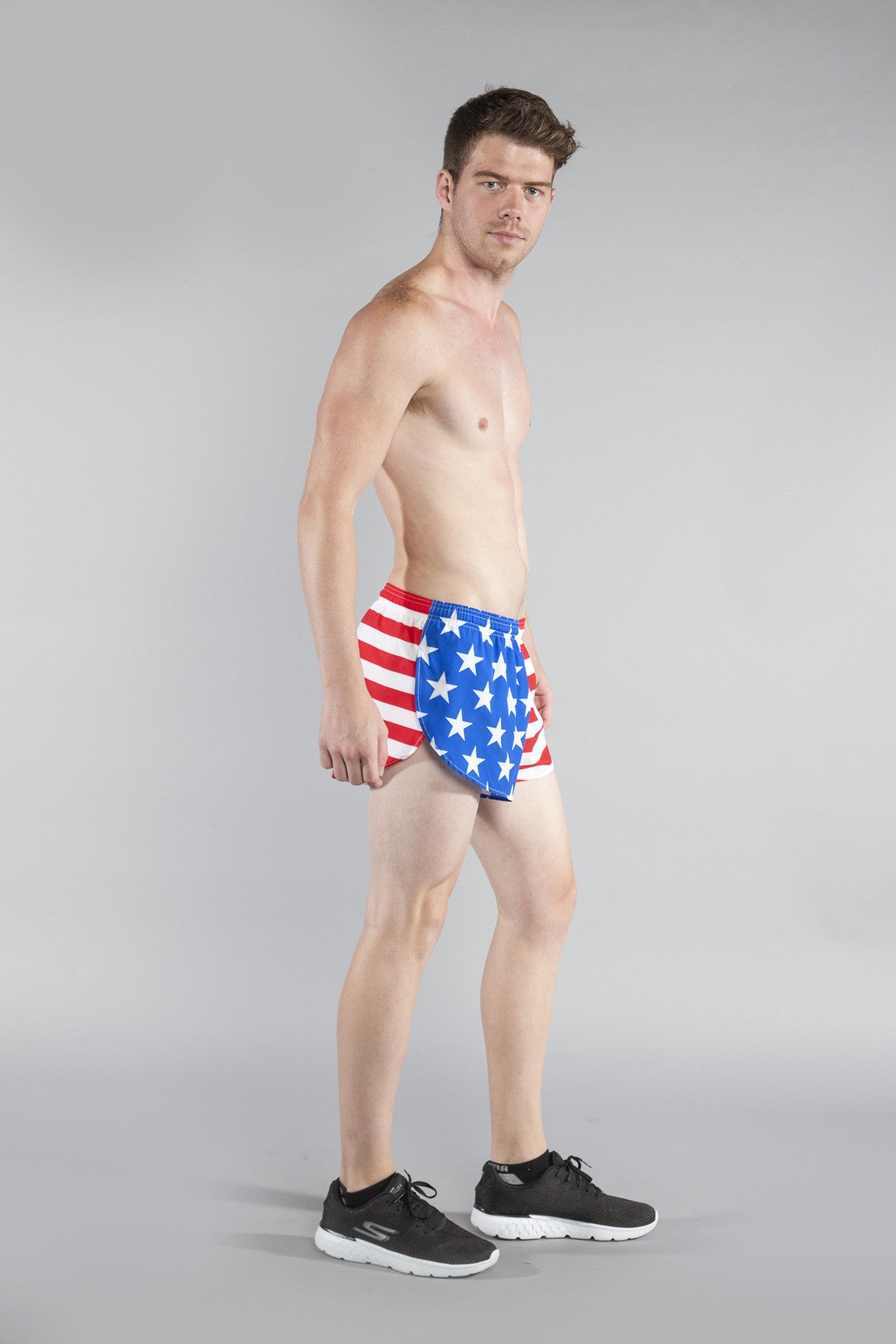MENS STRETCH 1" ELITE PRINTED SPLIT RUN SHORT- US FLAG - BOAUSA