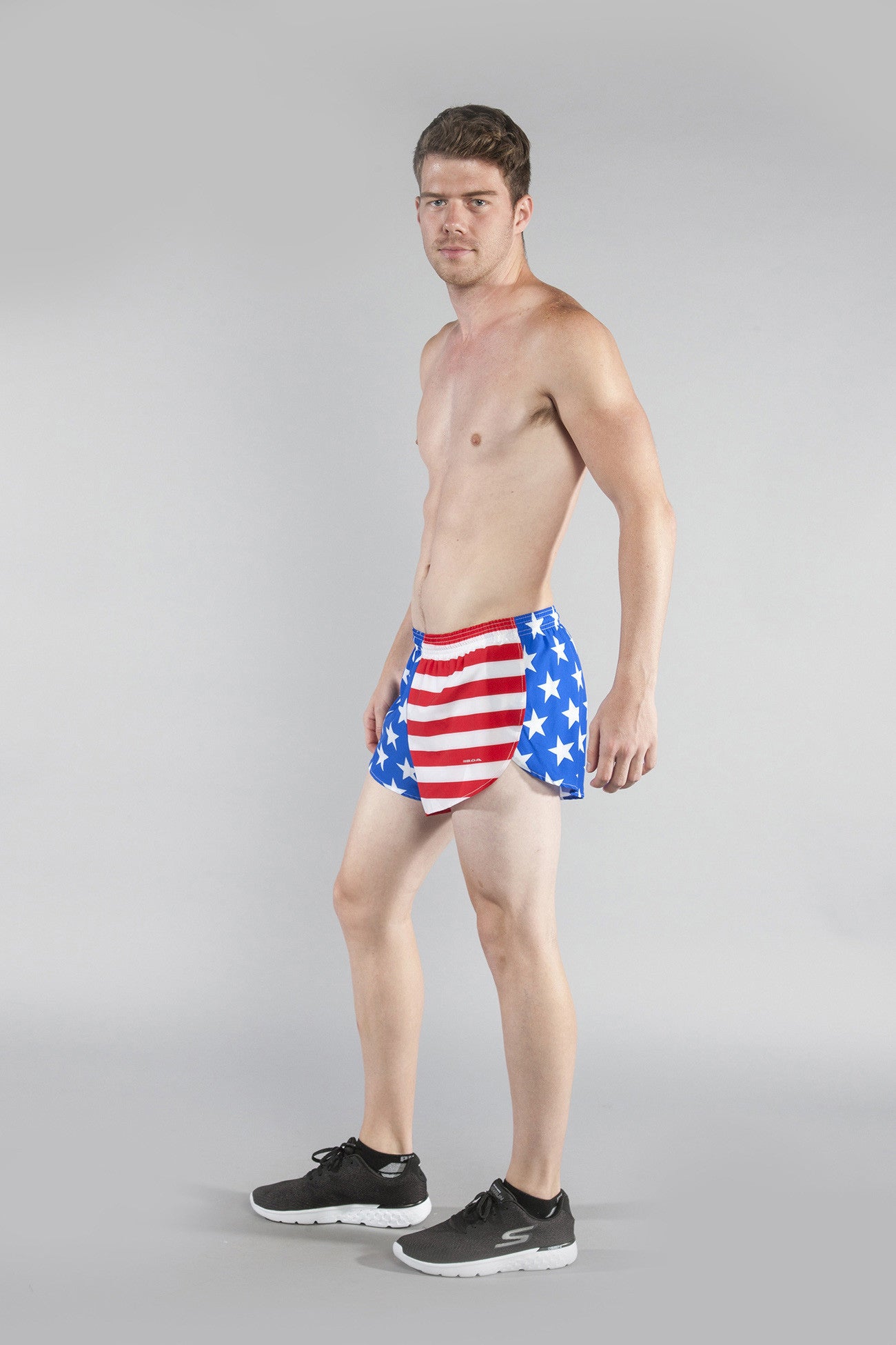 MENS STRETCH 1" ELITE PRINTED SPLIT RUN SHORT- US FLAG - BOAUSA