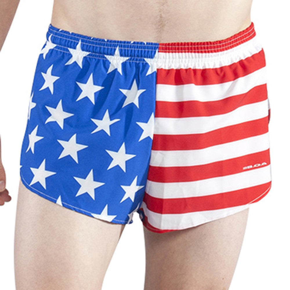 Men's Flag 1" Elite Split Shorts featuring a bold American Flag design with a blue field of white stars on the left panel and red and white stripes on the right panel, with a color-block elastic waistband.