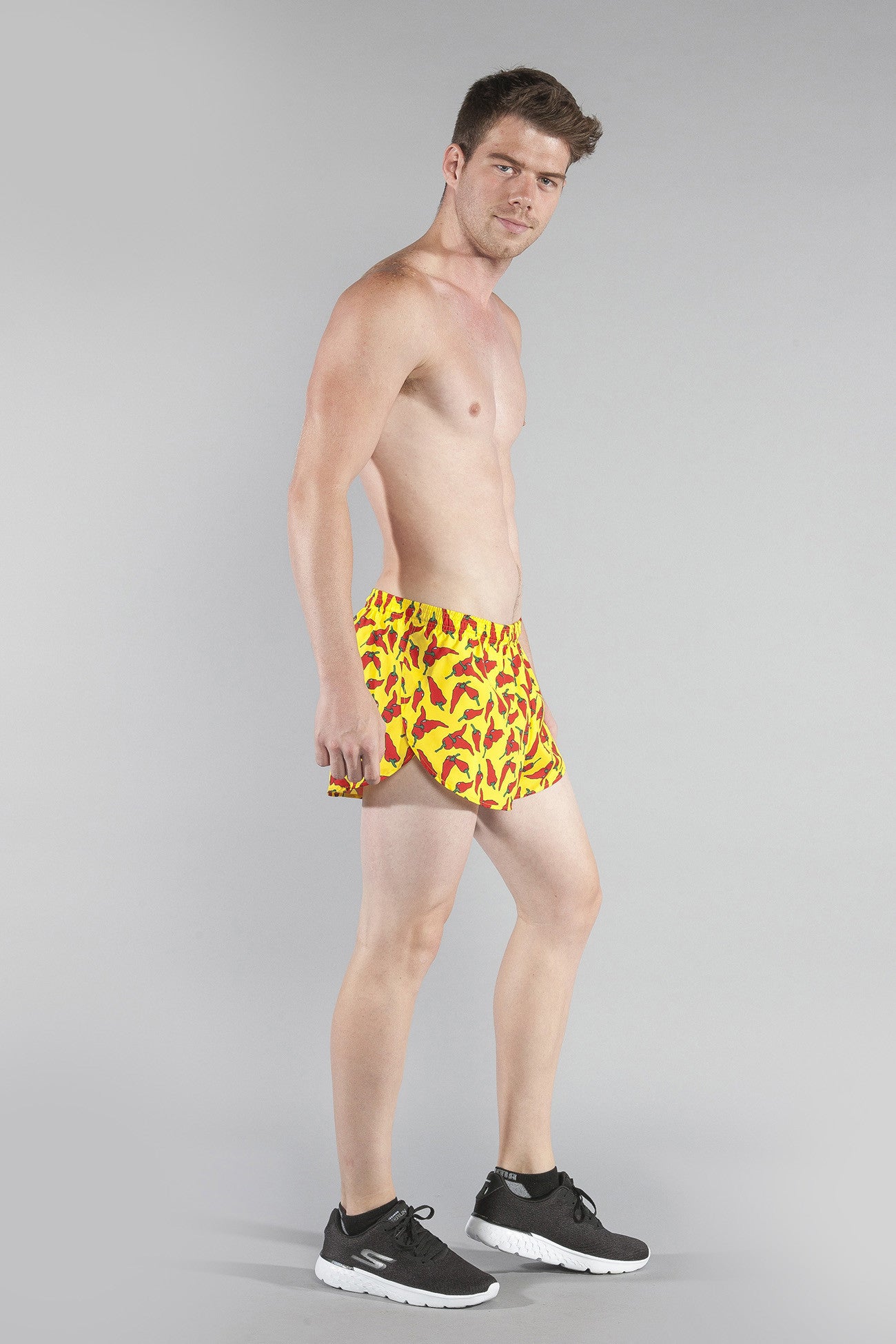 MENS STRETCH 1" ELITE PRINTED SPLIT RUN SHORT- YELLOW CHILI PEPPER - BOAUSA
