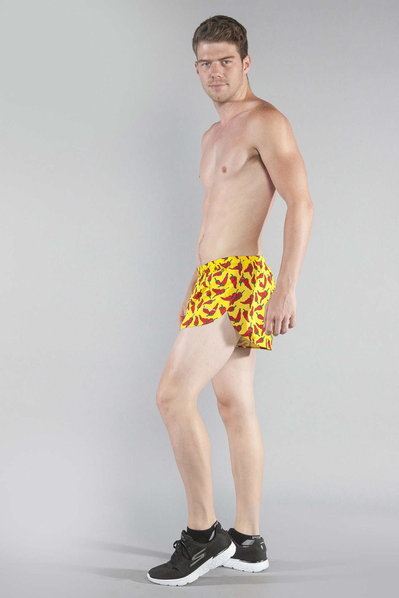 MENS STRETCH 1" ELITE PRINTED SPLIT RUN SHORT- YELLOW CHILI PEPPER - BOAUSA