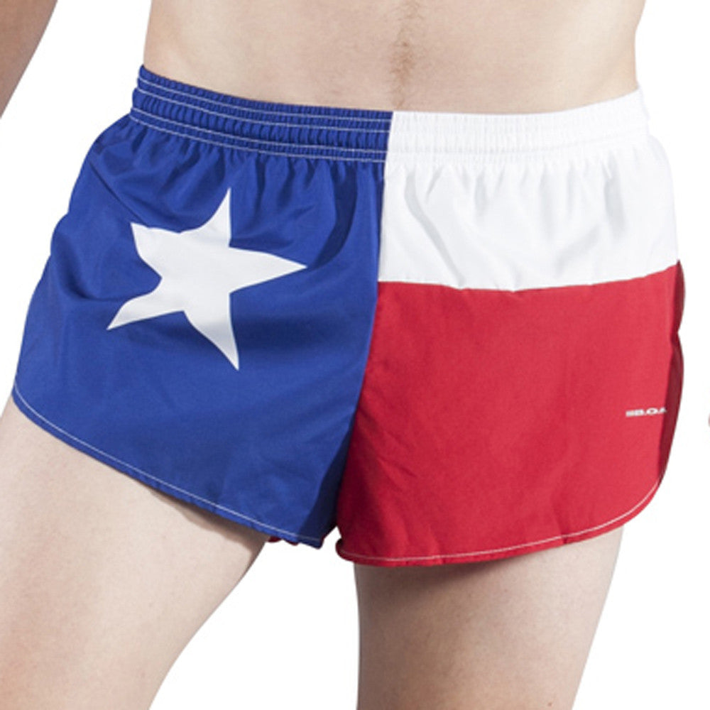 Men's Flag 1" Elite Split Shorts in Texas flag design featuring red, white, and blue panels with a lone star on the left side, shown on a male model.