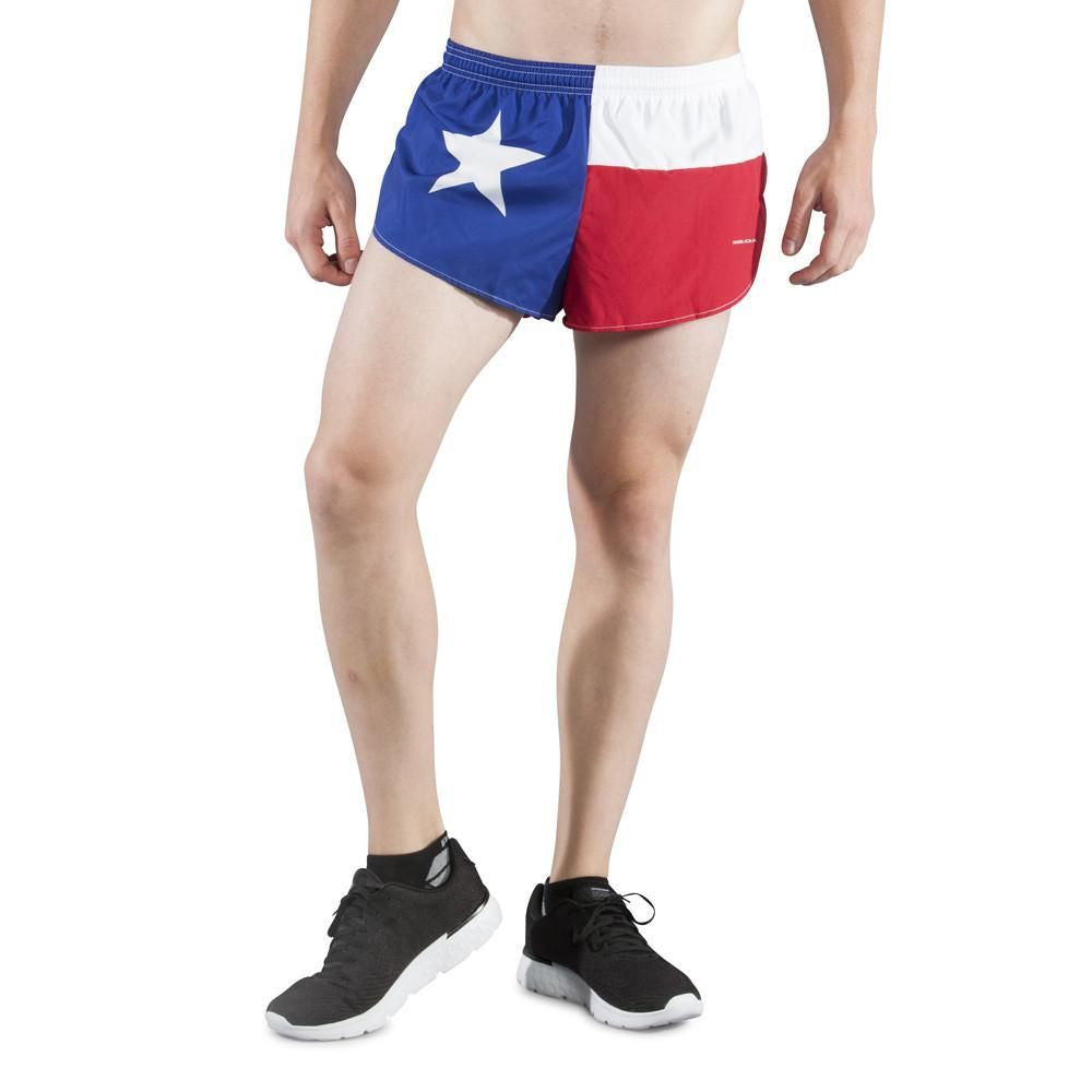 Men's Flag 1" Elite Split Shorts in Texas flag design featuring blue, white, and red panels with a lone star, modeled with black sneakers on a white background.