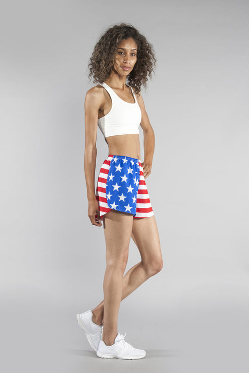 WOMENS 1.5" STRETCH PRINTED SPLIT TRAINER- US FLAG - BOAUSA