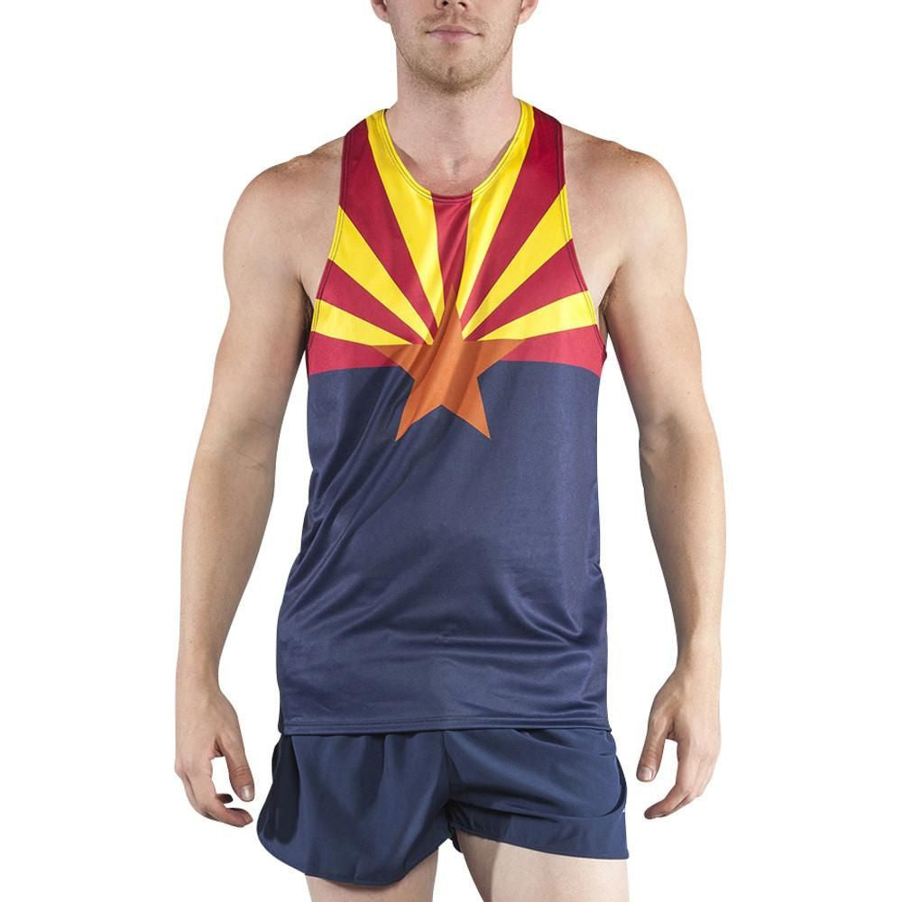 Men's Competitor Lite Printed Singlet featuring Arizona state flag design with red and yellow sunburst rays, copper star, and navy blue bottom, shown on male model with matching navy shorts.