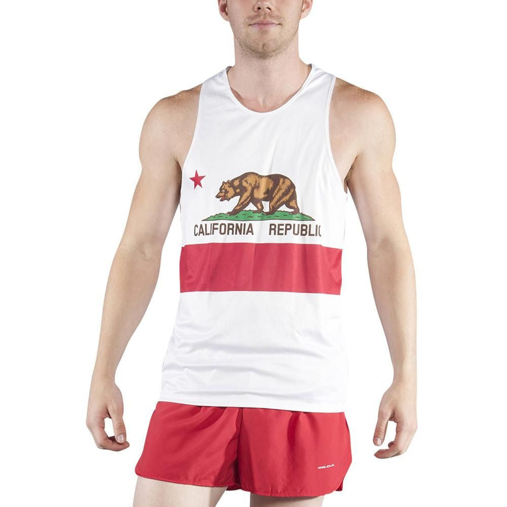 Men's Competitor Lite Printed Singlet in California design featuring the California Republic flag with brown bear, red star, and red horizontal stripe on white fabric, shown on male model with red shorts.