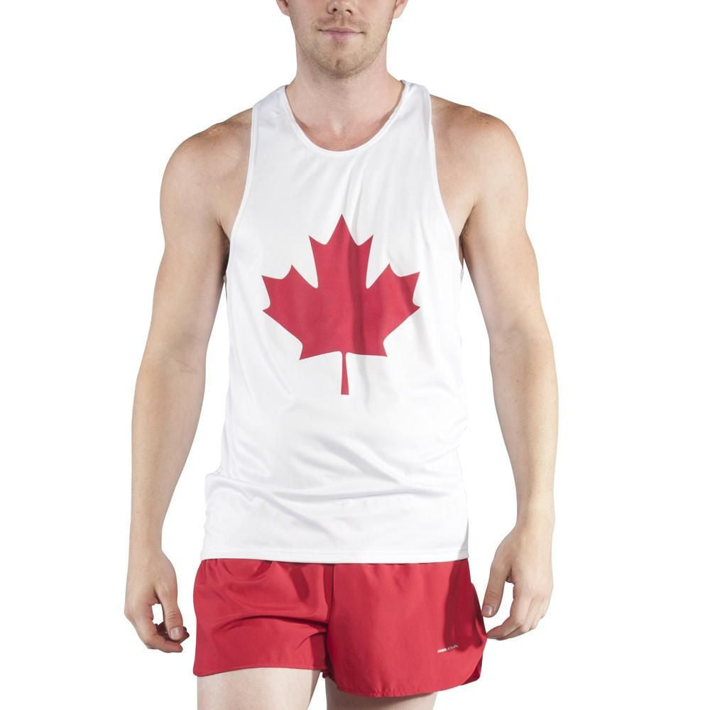 Men's Competitor Lite Printed Singlet in white featuring a large red maple leaf Canada design on the front, shown on a male model wearing red shorts.