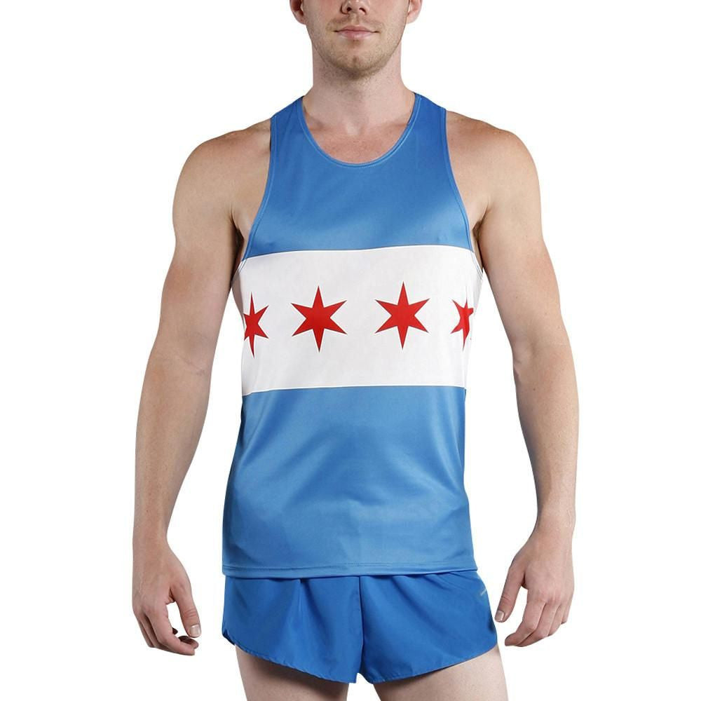 Men's Competitor Lite Printed Singlet in Chicago flag design featuring light blue fabric with a white horizontal stripe and four red six-pointed stars, shown on a male model with matching blue shorts.