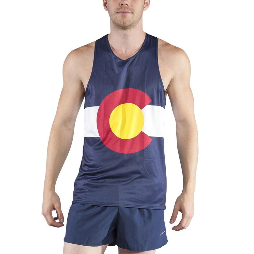 Men's Competitor Lite Printed Singlet in navy blue featuring the Colorado state flag design with a red C, yellow center circle, and white horizontal stripe, shown on a male model paired with navy running shorts.