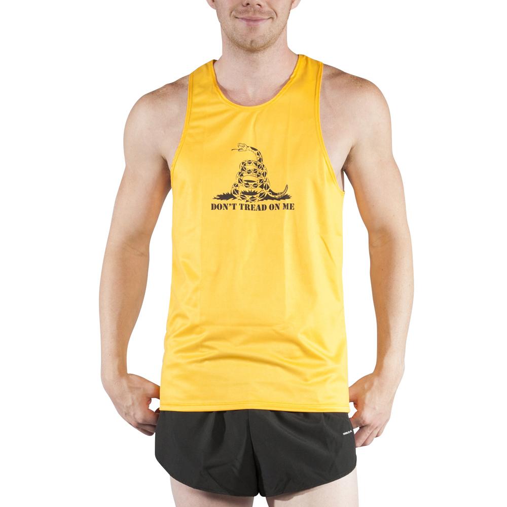 Men's Competitor Lite Printed Singlet in yellow featuring a black Don't Tread on Me Gadsden flag rattlesnake design, worn by a male model with black running shorts.
