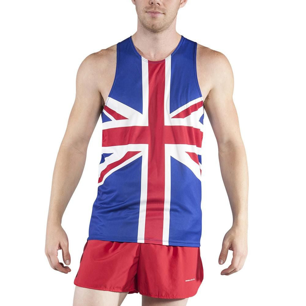 Men's Competitor Lite Printed Singlet in Great Britain Union Jack flag design featuring bold red, white, and blue colors, paired with red athletic shorts.