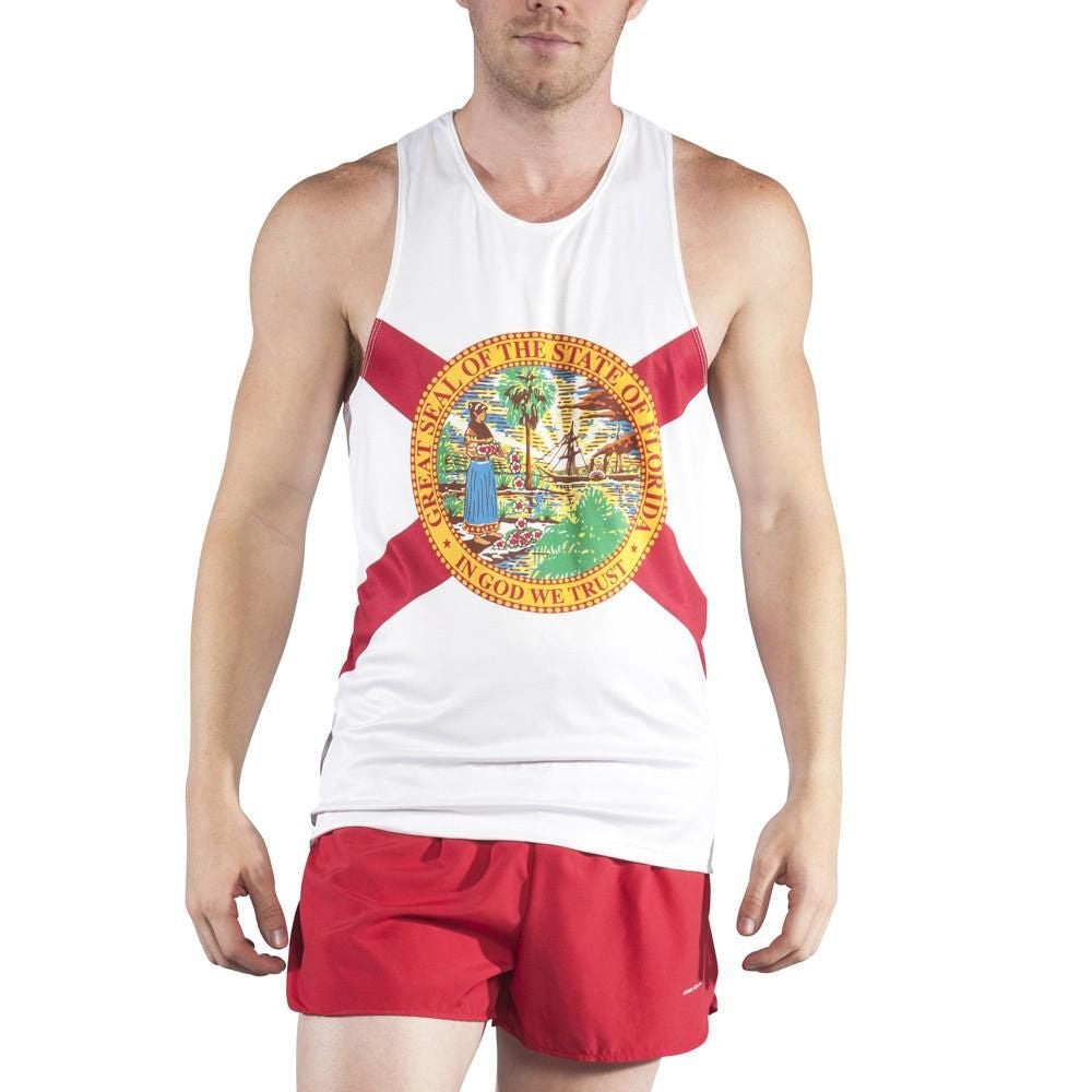 Men's Competitor Lite Printed Singlet featuring the Florida state flag design with red diagonal cross and official state seal on white background, shown on male model wearing red shorts