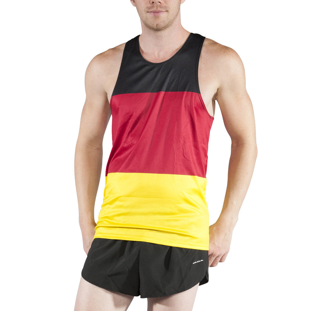 Men's Competitor Lite Printed Singlet featuring the German flag design with horizontal black, red, and gold stripes, paired with black running shorts.