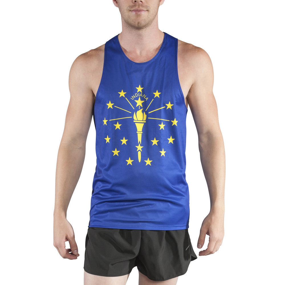 Men's Competitor Lite Printed Singlet featuring the Indiana state flag design with a gold torch and stars on a royal blue sleeveless running shirt, modeled with black shorts.
