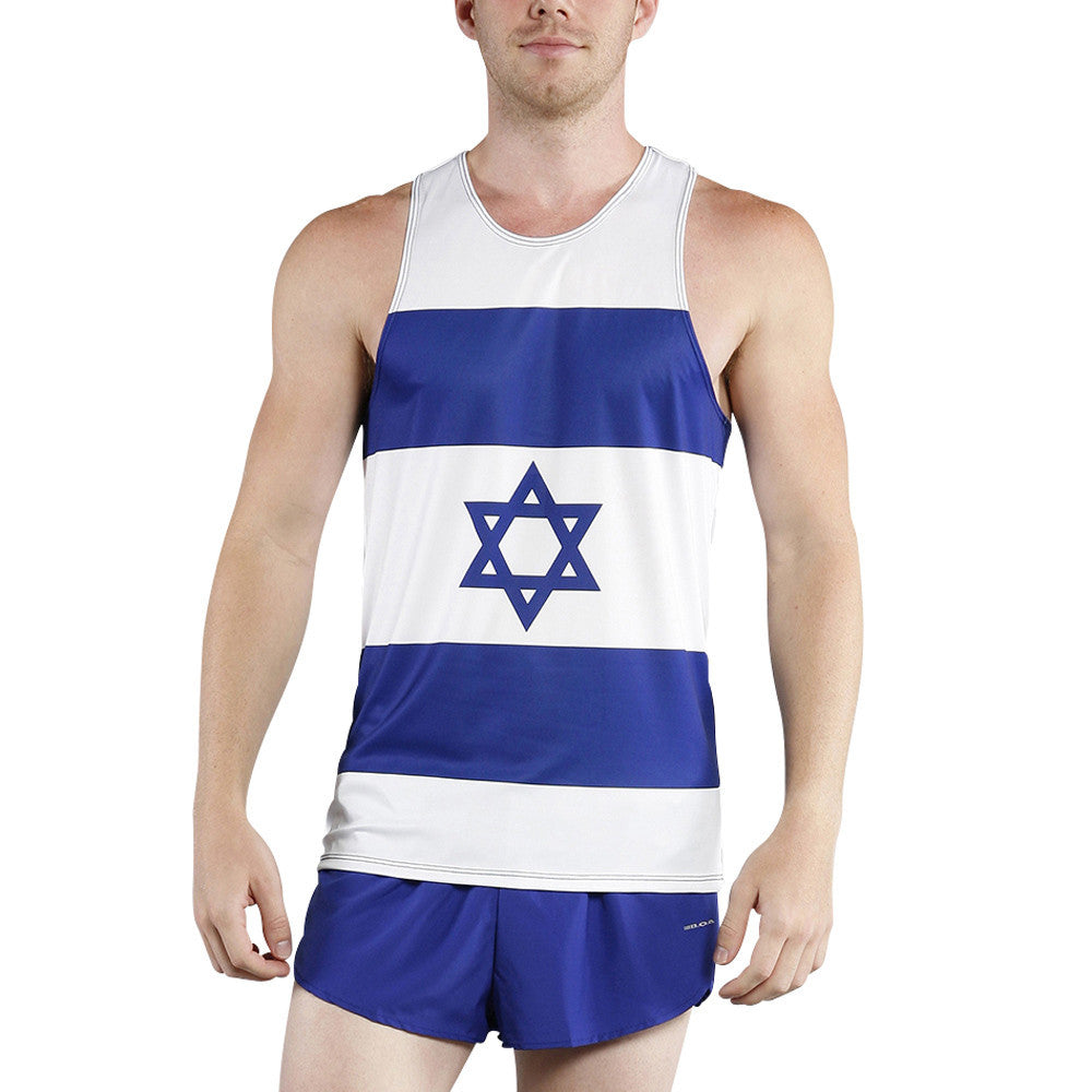 Men's Competitor Lite Printed Singlet featuring the Israeli flag design with blue and white horizontal stripes and a Star of David, paired with matching blue running shorts.
