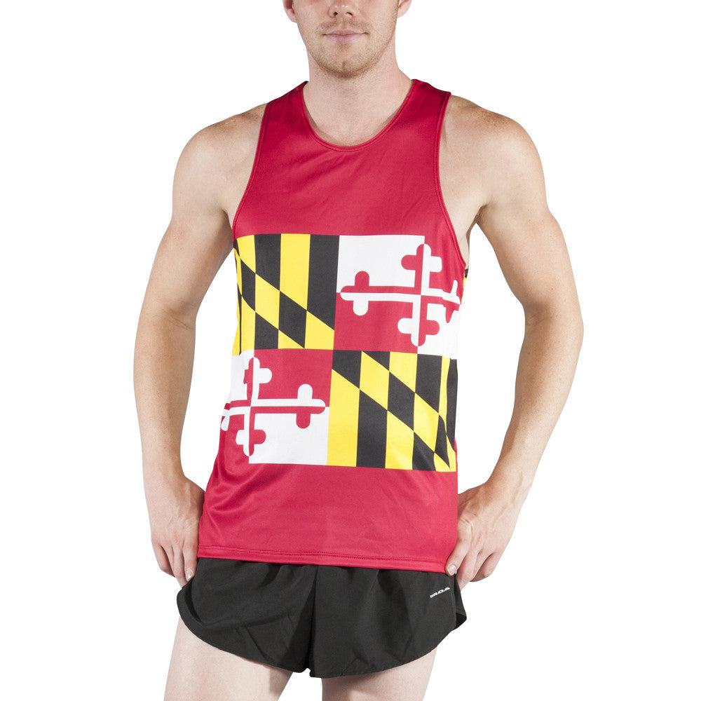 Men's Competitor Lite Printed Singlet in red featuring the Maryland state flag design with black, yellow, and white quadrants, worn by a male model with black running shorts.