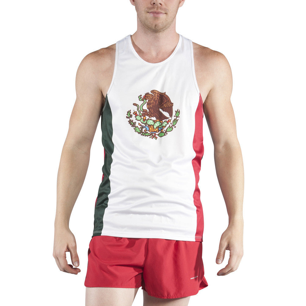 Men's Competitor Lite Printed Singlet in white with green and red side panels featuring the Mexican eagle coat of arms emblem, paired with red athletic shorts.