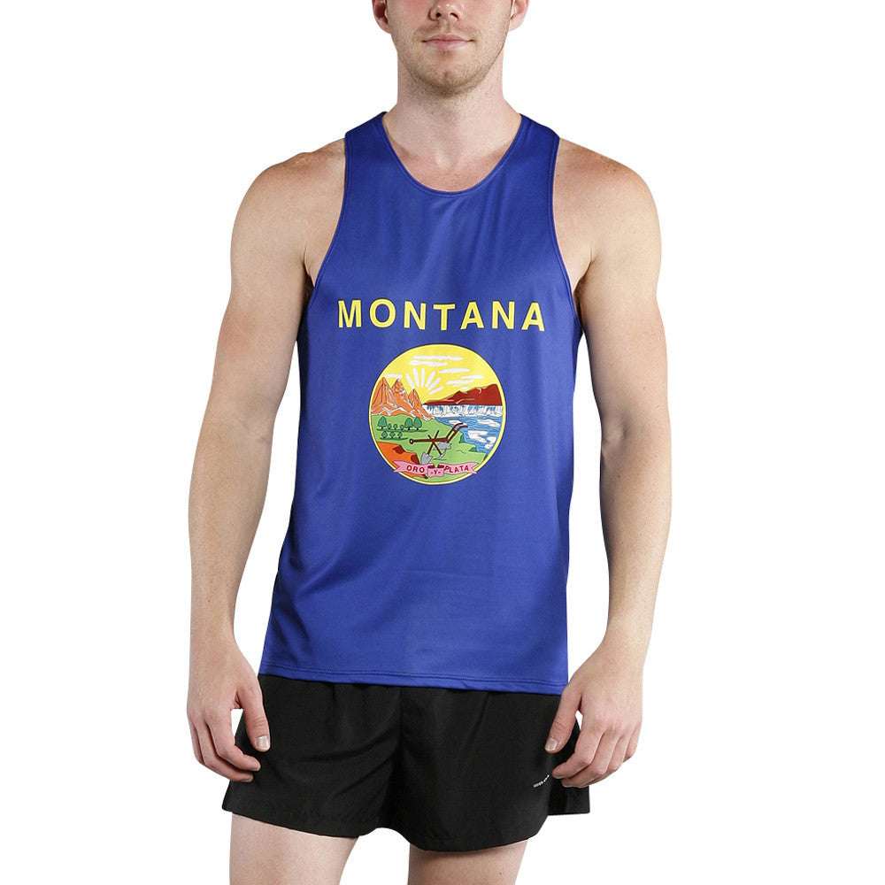 Men's Competitor Lite Printed Singlet in royal blue featuring the Montana state seal and yellow MONTANA text, worn by a male model with black shorts.