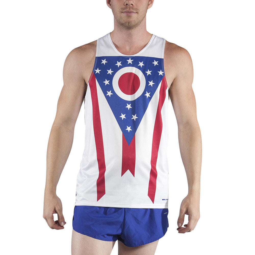 Men's Competitor Lite Printed Singlet featuring the Ohio state flag design with red, white, and blue colors, triangular pennant shape, circle emblem, and white stars, paired with blue running shorts.