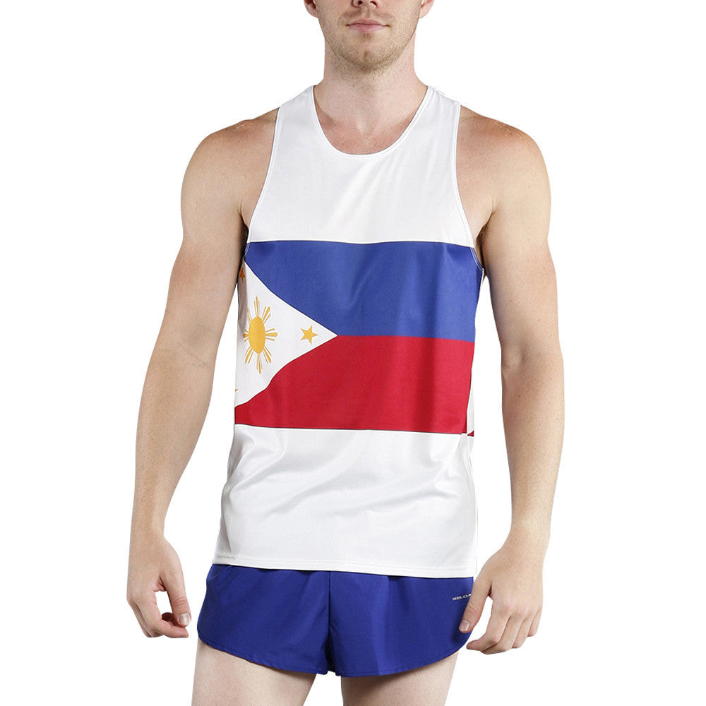 Men's Competitor Lite Printed Singlet featuring the Philippine flag design with blue, red, white, and gold sun emblem, paired with blue running shorts.