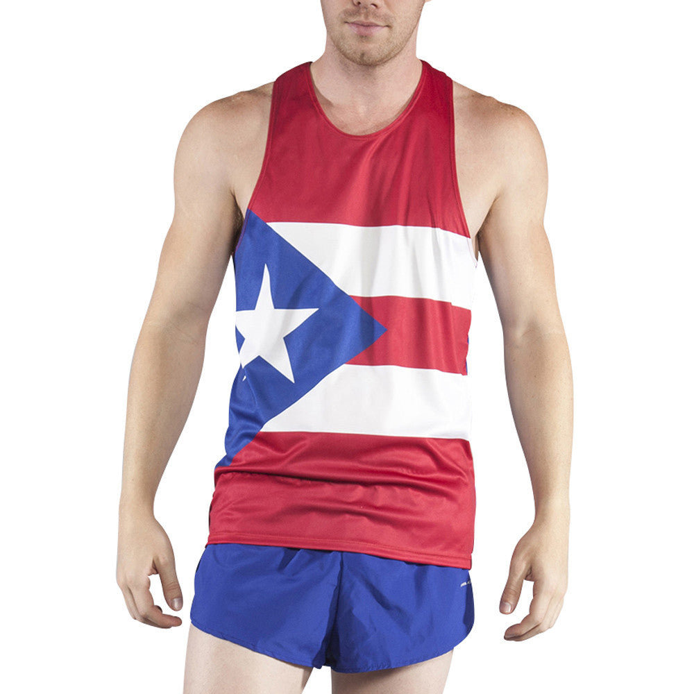 Men's Competitor Lite Printed Singlet featuring the Puerto Rico flag design with red, white, and blue stripes, a blue triangle, and white star, paired with blue running shorts.