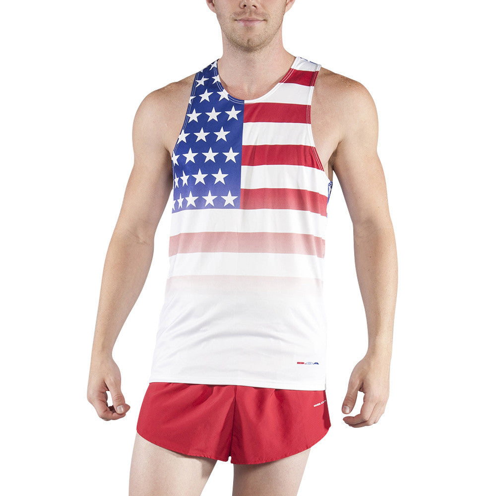 Men's Competitor Lite Printed Singlet featuring a bold American flag design with red, white, and blue stars and stripes, paired with red running shorts.